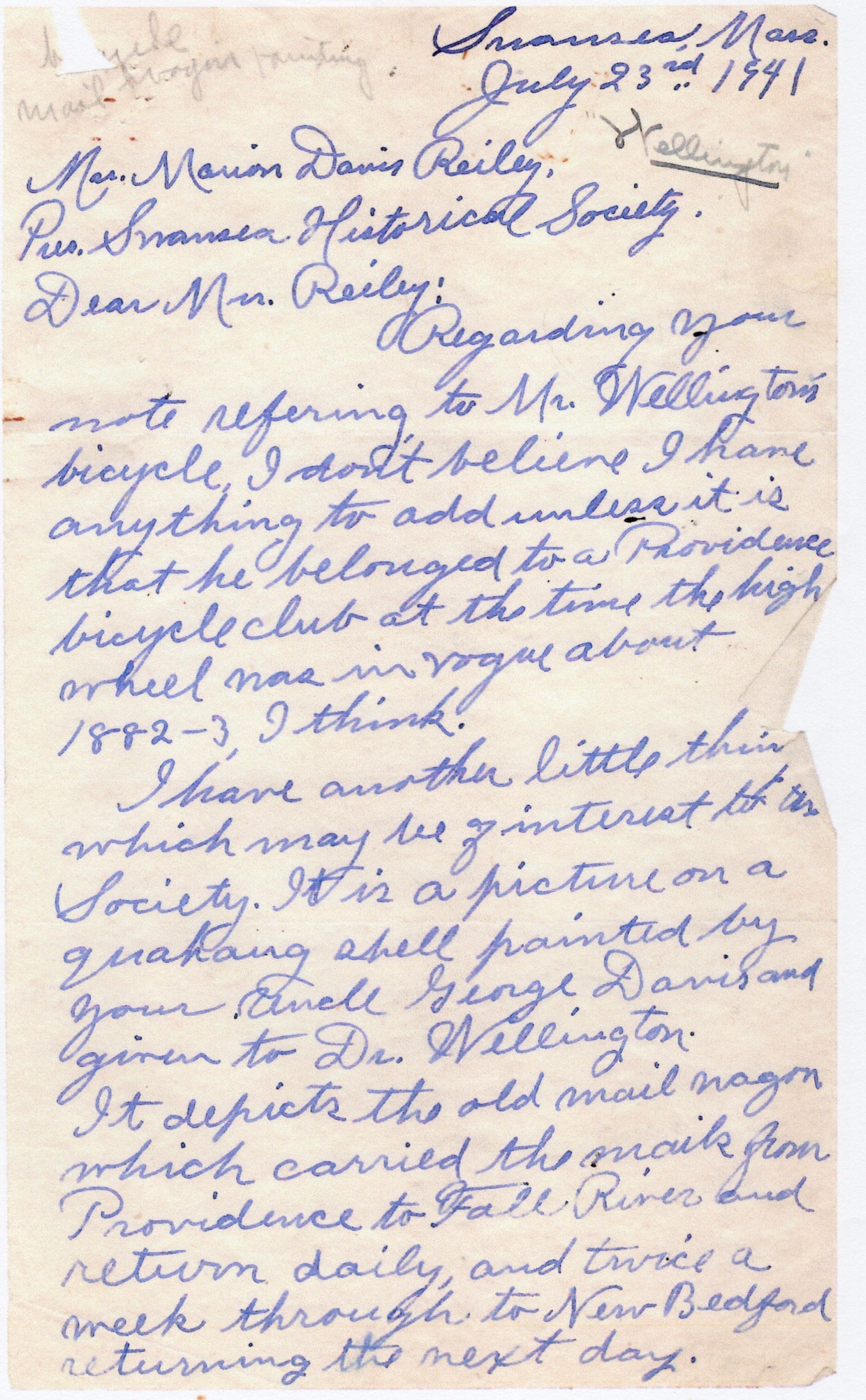 Letter to Marion Reiley about a bicycle